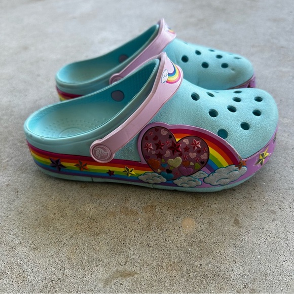 Crocs CrocsLights Rainbow Heart Blue Clogs Kid’s Size J1 - Picture 7 of 11
